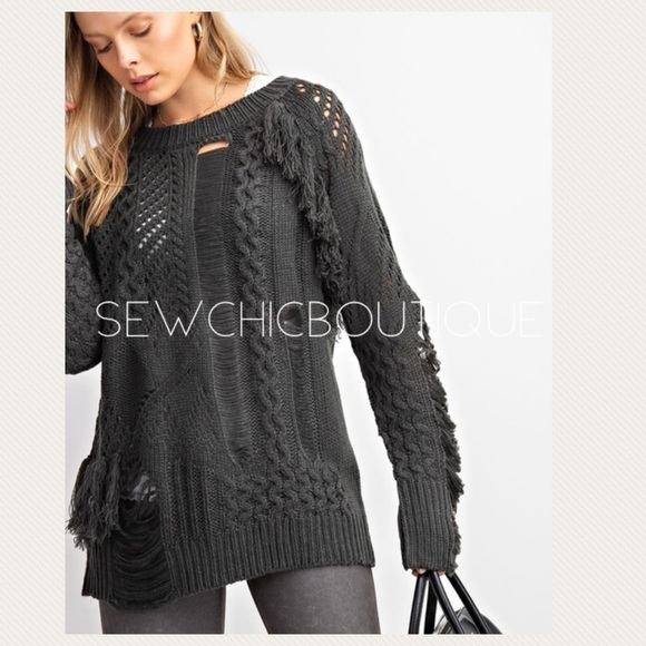 Charcoal Distressed Long Sleeve Sweater - Picture 2 of 5